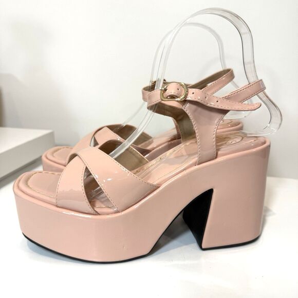 MKS Platform Sandals Pink Blush Nude Retro 70s Chunky Patent Leather 8 - Picture 2 of 9
